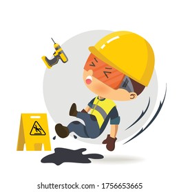 Character constructor worker islipping on grease.  Vector illustration, concept : Safety and accident, Industrial safety.