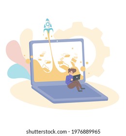 character content creator working on laptop concept of  Social Media Creation, Presentation, Internet Blogging, internet publication, Flat vector cartoon illustration