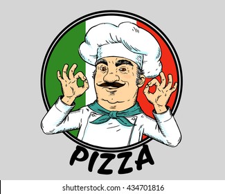 Character cook chef. Superstar Italian smiling  chef  in white toque cooking delicious pizza and pasta.