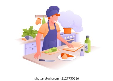 Character cooking on kitchen, follow recipe in book vector illustration. Cut vegetable, boil on stove flat style. Chef, food, eating concept