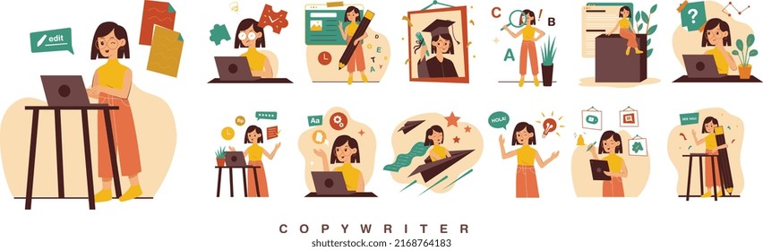 Character of copywriter doing brainstorming content and working on project. Vector illustration in flat design and colorful style