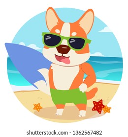 The character of corgi holding a surfboard at the beach in flat vector style. Illustration about summer
 for background, graphic,content , banner, sticker label and greeting card.