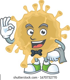 A character of coronavirus particle waiter working in the restaurant