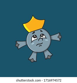 Carácter coronavirus. Una pequeña bola con una corona en la cabeza. Imagen vectorial de un personaje de dibujos animados para niños.