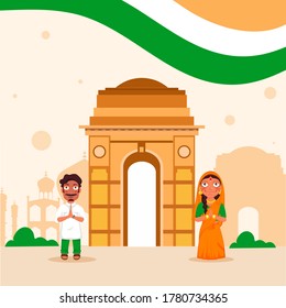 Carácter De Pareja Haciendo Un Nombre Frente A Los Famosos Monumentos De La India Y Una Ondulada Tricolor En El Fondo Pastel.