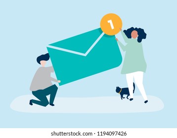 Character of a couple holding a new message illustration