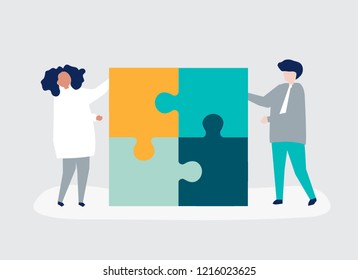 Character of a couple solving puzzle pieces illustration