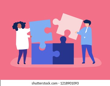 Character of a couple solving puzzle pieces illustration