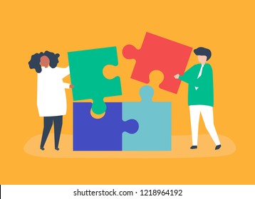 Character of a couple solving puzzle pieces illustration