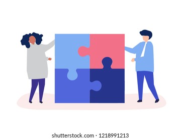 Character of a couple solving puzzle pieces illustration