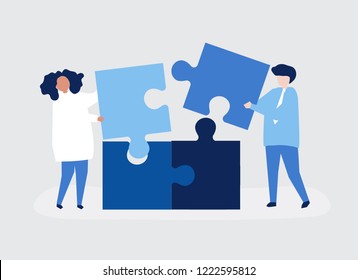 Character of a couple solving puzzle pieces illustration