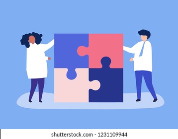 Character of a couple solving puzzle pieces illustration