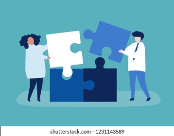 Character of a couple solving puzzle pieces illustration