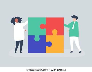 Character of a couple solving puzzle pieces illustration