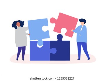 Character of a couple solving puzzle pieces illustration