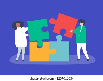 Character of a couple solving puzzle pieces illustration
