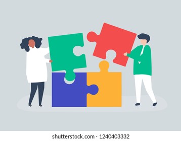 Personagem de um casal resolvendo a ilustração de peças de quebra- cabeça