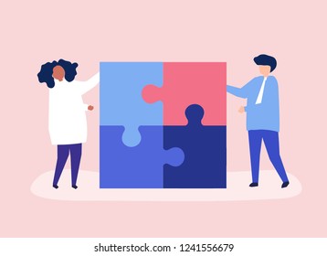 Character of a couple solving puzzle pieces illustration