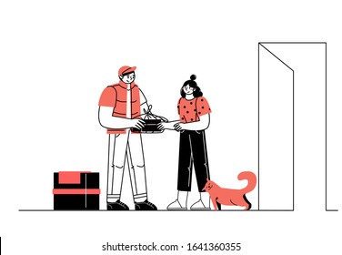 The character courier hands over a box of food to the buyer. Concept for food delivery service. Delivery from grocery store. Delivery of food from courier to customer.