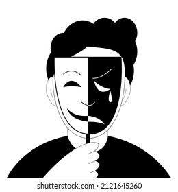 The character covers his face with a two-faced mask. Vector illustration for content about psychology.