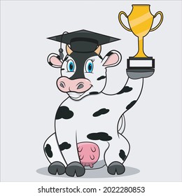 Character Cow Use Hat Graduate and Bring Trophy, White Colors Background, Mascot, Icon, Character or Logo, Vector and Illustration.