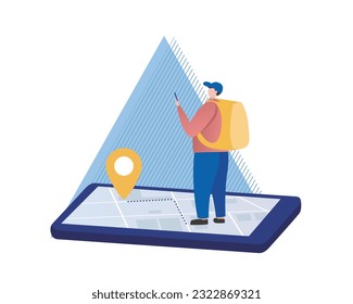 Caracteres creando ruta de entrega en el teléfono móvil. Entrega sin rostro en gorra y con mochila en pantalla grande de un smartphone con gadget en la mano. Ilustración del vector