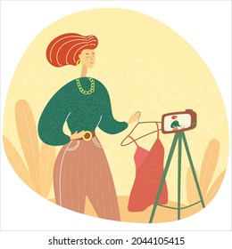 Character creating video for blog or vlog review. Fashion blogger presenting modern garments. Stylist showing stylish trendy clothing. Flat isolated illustration