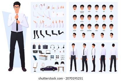 Character Creation Set With Business Man In White Shirt, Lip Sync, Hand Gestures And Items Premium Vector.