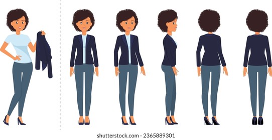 Character creation set. Elegant business woman layered for animation. Woman Wearing office outfit. Front, Back and Sideview.