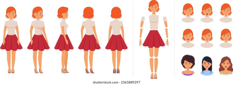 Zeichenerstellungsset. Elegante schicke Frau, die für die Animation gelähmt ist. Frauen Tragen Schildkröte T-Shirt und breiten Rock. Front, Back und Sideview mit mehreren Ausdrücken und Frisuren.