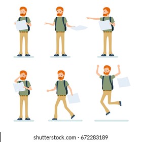 Character creation set, a redhead traveler with a map. Different poses and emotions, running, standing. Full length, rear view isolated, white background. Vector illustration in a flat cartoon style