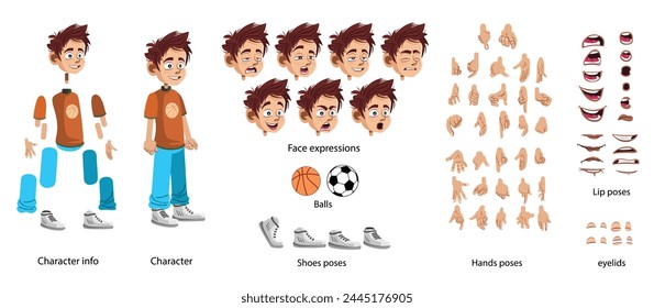 Character creation set with various views, face emotions, lip sync, poses and gestures. Separate Parts of body. Cartoon style, flat vector illustration.