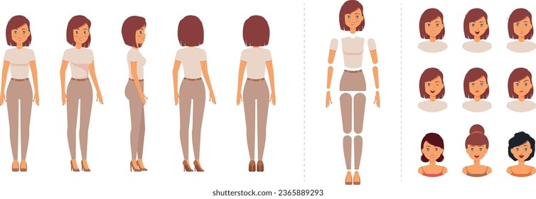 Zeichenerstellungsset. Frauen für Animation tragen leichte und warme Kleidung in Beigetönen. Front, Back und Sideview mit mehreren Ausdrücken und Frisuren.