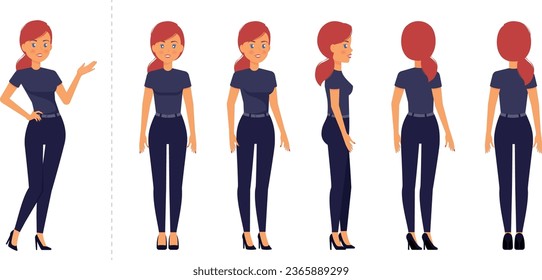 Character creation set. Woman layered for animation Wearing T-shirt and blue jeans. Front, Back and Sideview