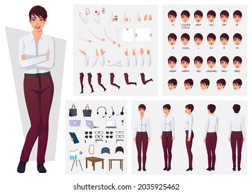 Juego de creación de personajes con una mujer con pantalones y camisa blanca para la animación y la presentación