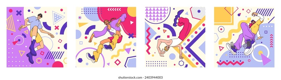 Character creative geometric. Colorful human creator business, jump young modern person, people pose energy on abstract background, man and woman excited joy. Vector flat contemporary illustration