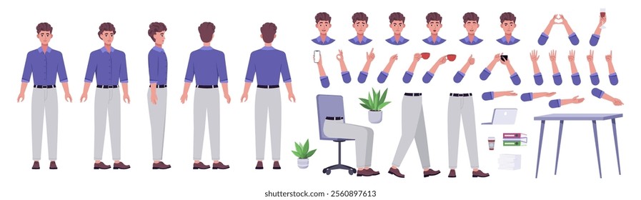 Character creator. Different types of man, a set of emotions, arms, legs, a table, a chair, a mug, indoor plants. A large group of elements on an isolated background. Vector set in a flat style