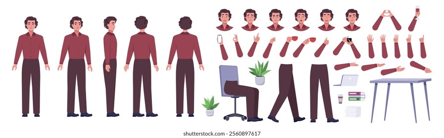 Character creator. Different types of man, a set of emotions, arms, legs, a table, a chair, a mug, indoor plants. A large group of elements on an isolated background. Vector set in a flat style