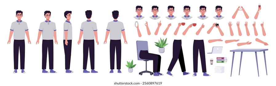 Character creator. Different types of man, a set of emotions, arms, legs, a table, a chair, a mug, indoor plants. A large group of elements on an isolated background. Vector set in a flat style