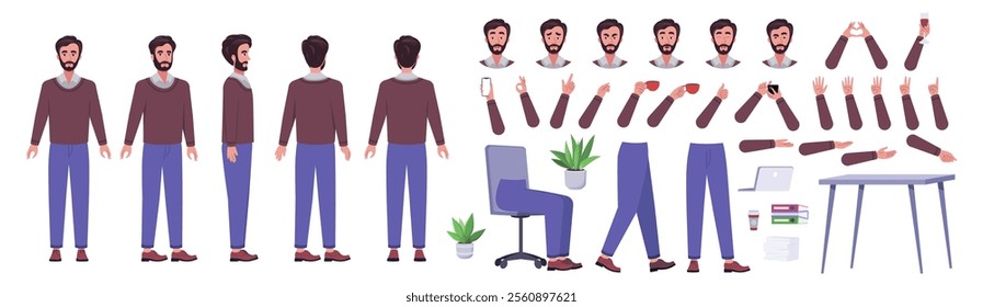 Character creator. Different types of man, a set of emotions, arms, legs, a table, a chair, a mug, indoor plants. A large group of elements on an isolated background. Vector set in a flat style