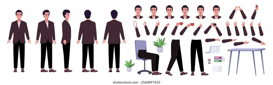 Character creator. Different types of man, a set of emotions, arms, legs, a table, a chair, a mug, indoor plants. A large group of elements on an isolated background. Vector set in a flat style