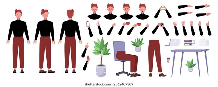 Character creator. Different types of man, a set of emotions, arms, legs, a table, a chair, a mug, indoor plants. A large group of elements on an isolated background. Vector set in a flat style