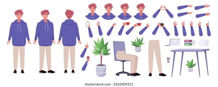 Character creator. Different types of man, a set of emotions, arms, legs, a table, a chair, a mug, indoor plants. A large group of elements on an isolated background. Vector set in a flat style