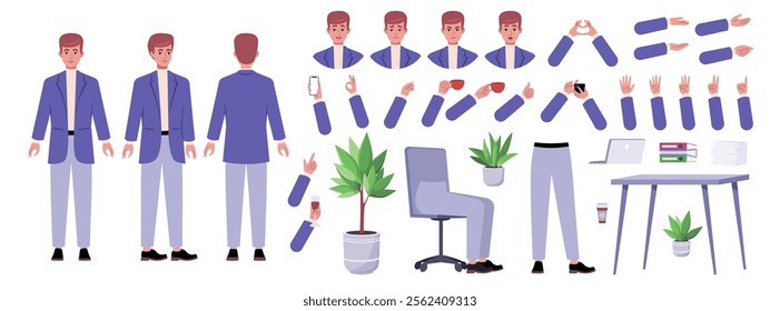 Character creator. Different types of man, a set of emotions, arms, legs, a table, a chair, a mug, indoor plants. A large group of elements on an isolated background. Vector set in a flat style