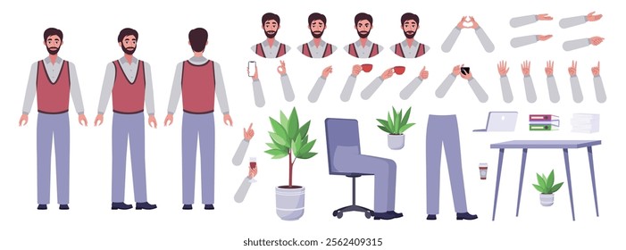 Character creator. Different types of man, a set of emotions, arms, legs, a table, a chair, a mug, indoor plants. A large group of elements on an isolated background. Vector set in a flat style