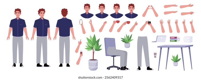 Character creator. Different types of man, a set of emotions, arms, legs, a table, a chair, a mug, indoor plants. A large group of elements on an isolated background. Vector set in a flat style