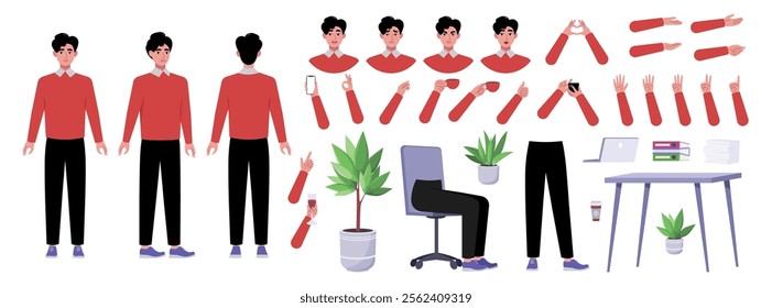 Character creator. Different types of man, a set of emotions, arms, legs, a table, a chair, a mug, indoor plants. A large group of elements on an isolated background. Vector set in a flat style