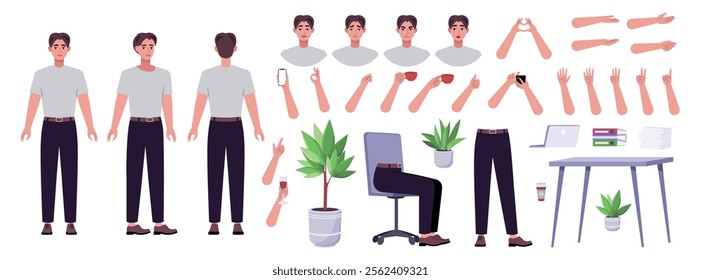 Character creator. Different types of man, a set of emotions, arms, legs, a table, a chair, a mug, indoor plants. A large group of elements on an isolated background. Vector set in a flat style