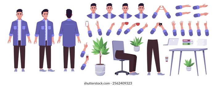 Character creator. Different types of man, a set of emotions, arms, legs, a table, a chair, a mug, indoor plants. A large group of elements on an isolated background. Vector set in a flat style