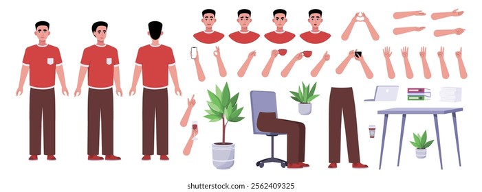 Character creator. Different types of man, a set of emotions, arms, legs, a table, a chair, a mug, indoor plants. A large group of elements on an isolated background. Vector set in a flat style